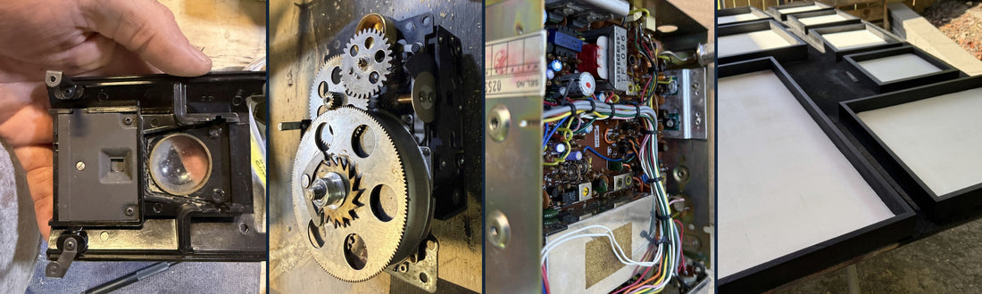 Inside the Electronic Afterlife workshop: vintage camera disassembly, gears, circuitry, and handmade frames.